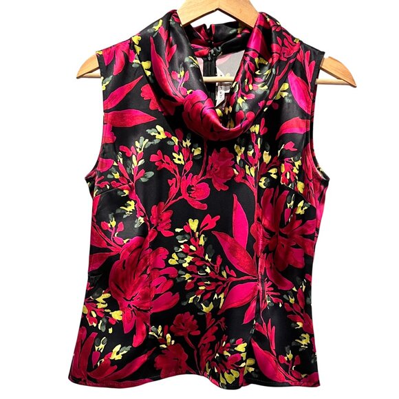 St John Floral Silk Cowl Neck Sleeveless Top, Black Magenta Green, 8/10 - Picture 1 of 8